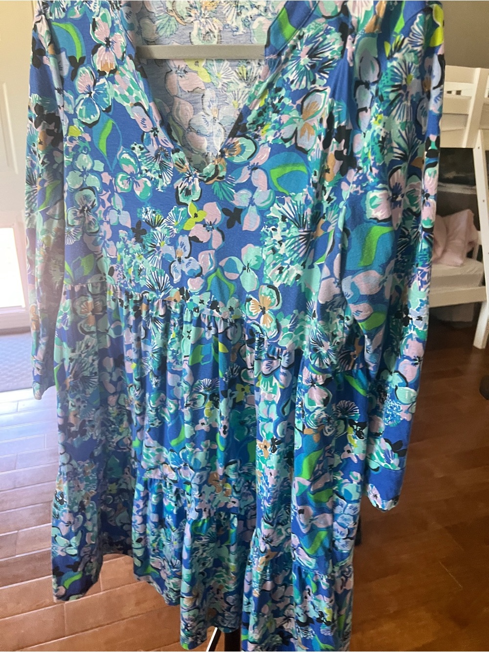 Vibrant Blue Floral Tiered V-Neck Dress